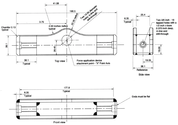 Diagram showing Cross Bar, Static Force Application Test Device with measurements and descriptions