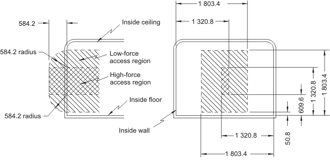 Diagram showing the Rear Emergency Exit without Rear Obstruction with measurements and descriptions