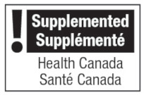 This figure shows a supplemented food caution identifier for the principal display panel of a prepackaged product. This identifier is bilingual, with the English text shown first, followed by the French text. There is a white rectangular box outlined by a thin black line. At the top left of the box is a black exclamation mark. To the right of the exclamation mark is a horizontal bar. There is a small amount of white space between the exclamation mark and the bar as well as between the end of the bar and the thin black line that outlines the box. The bar is black and contains two lines of text in white, bold, lower case letters, except that the first letter of each word is in upper case. On the first line is the word “Supplemented” and on the second line is the word “Supplémenté”. Centred below the black bar are two lines of text in black lower case letters, except that the first letter of each word is in upper case. On the first line are the words “Health Canada” and on the second line are the words “Santé Canada”.