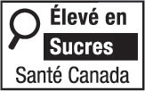 This figure shows a nutrition symbol for the principal display panel that indicates that a prepackaged product is high in sugars. This symbol is in French only. There is a white rectangular box outlined by a thin black line. At the top left of the box is a black magnifying glass. To the right of the magnifying glass is the heading “Élevé en” in black, bold, lower case letters, except that the first letter of the first word is in upper case. Under the heading is one horizontal bar. There is a small amount of white space between the right side of the bar and the thin black line that outlines the box. The bar is black and contains the word “Sucres” in white, bold, lower case letters, except that the first letter is in upper case. Centred at the bottom of the box are the words “Santé Canada” in black, lower case letters, except that the first letter of each word is in upper case.
