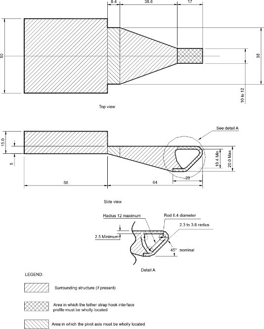 Diagram of Interface Profile of Tether Strap Hook with Integrated Adjustment Hardware with measurements and specifications.