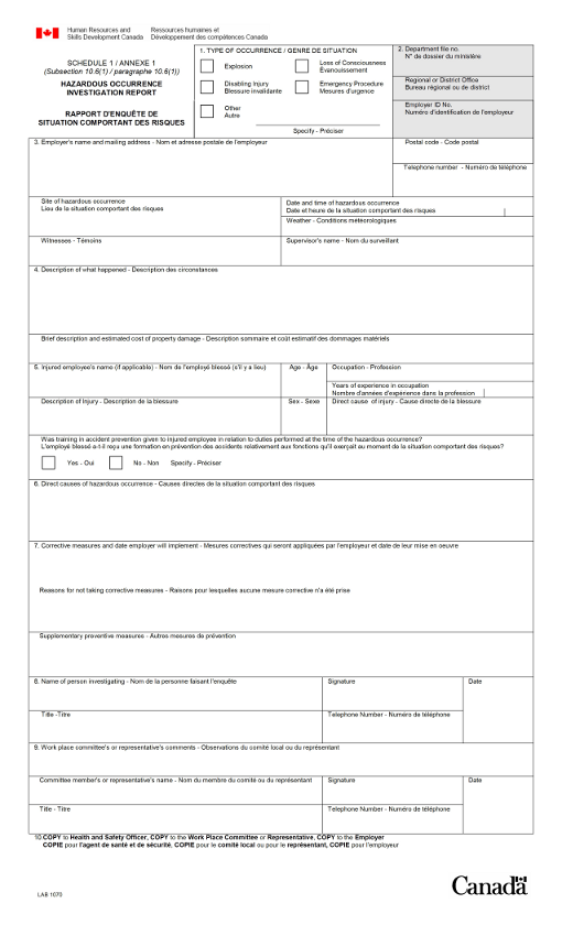 Hazardous Investigation Report: The Hazardous Investigation Report is used by Employers in industries under federal jurisdiction to report to a workplace hazardous occurrence.