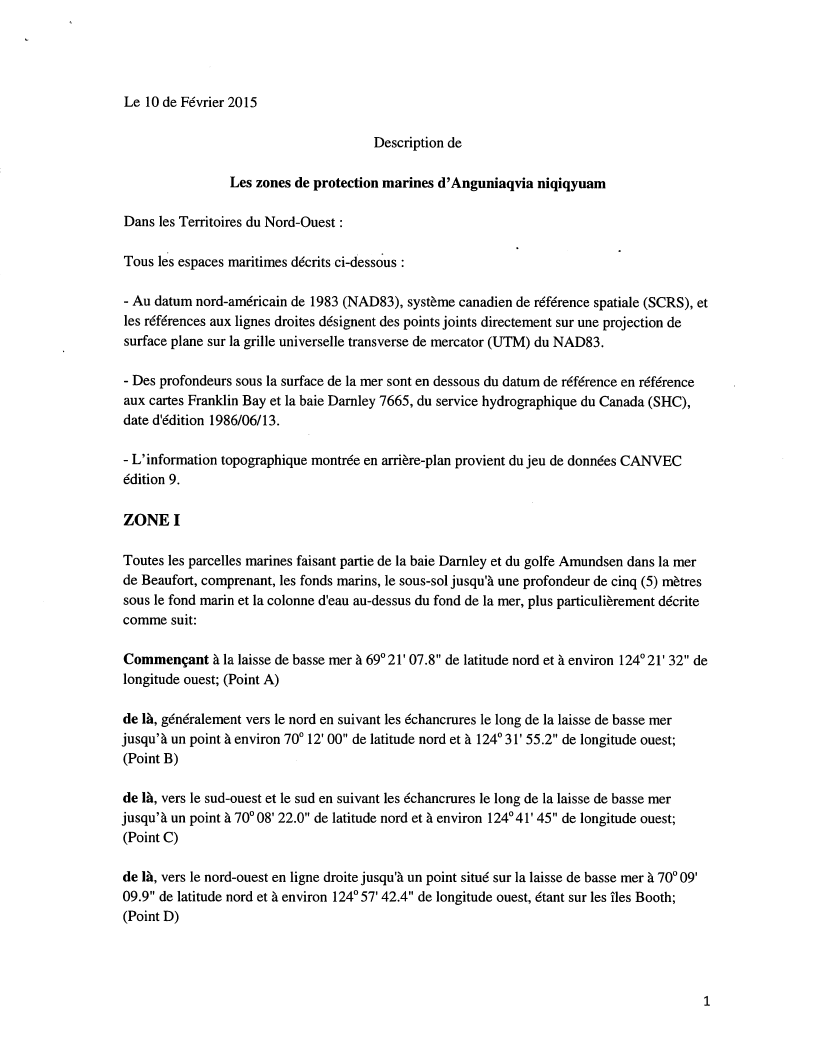 French version of first page of the document of a surveyor’s plan of the Anguniaqvia niqiqyuam Marine Protected Areas consisting of a description of a marine area referred to as Zone 1 that is located in Darnley Bay and the Amundsen Gulf in the Beaufort Sea and a marine area referred to as Zone 2 that is located in Kendall Inlet in Amundsen Gulf in the Beaufort Sea