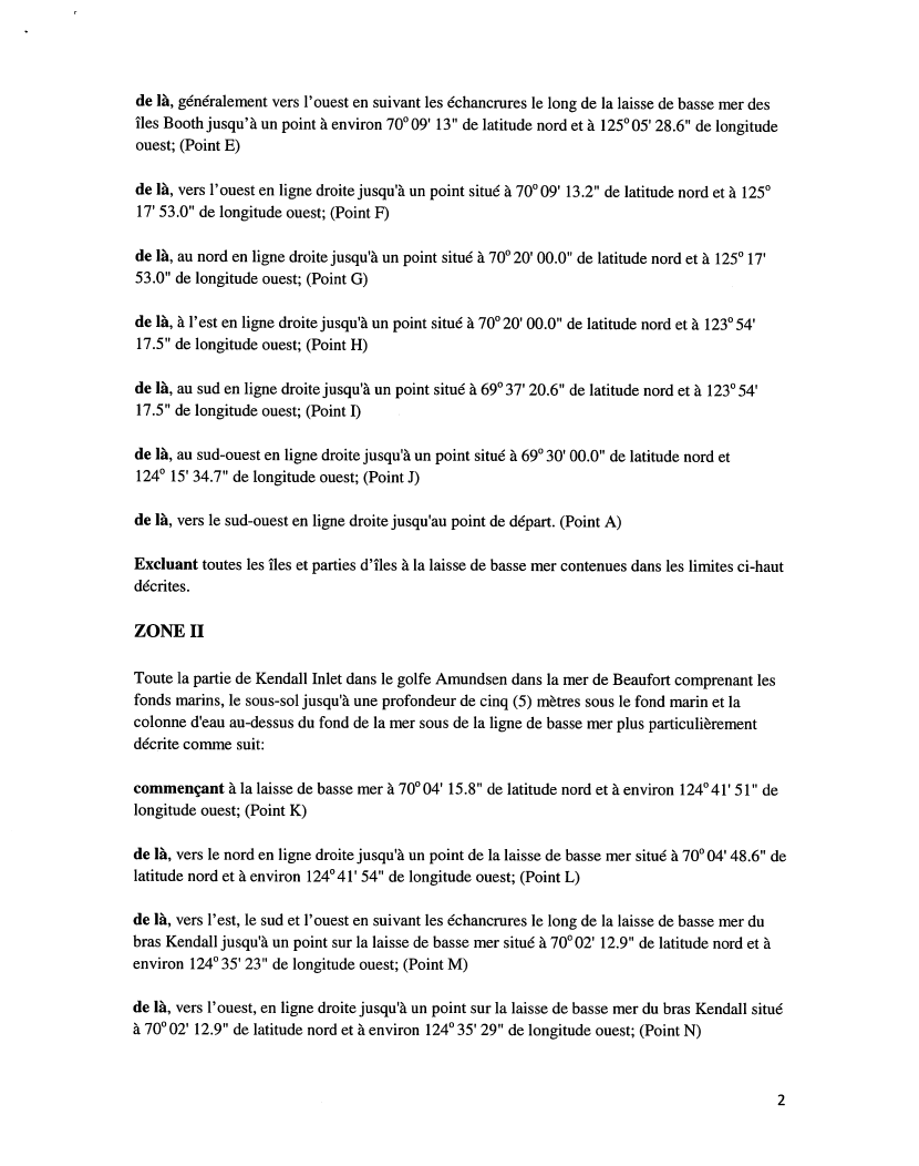 French version of second page of the document of a surveyor’s plan of the Anguniaqvia niqiqyuam Marine Protected Areas consisting of a description of a marine area referred to as Zone 1 that is located in Darnley Bay and the Amundsen Gulf in the Beaufort Sea and a marine area referred to as Zone 2 that is located in Kendall Inlet in Amundsen Gulf in the Beaufort Sea