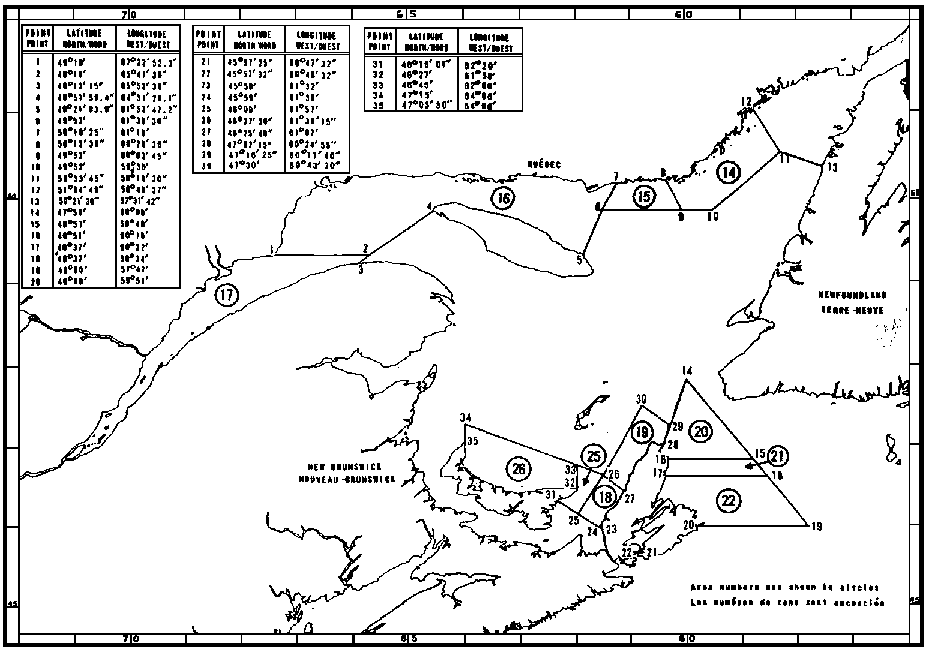 Map of Crab Fishing Areas with latitude and longitude coordinates for thirty-five points outlining the areas