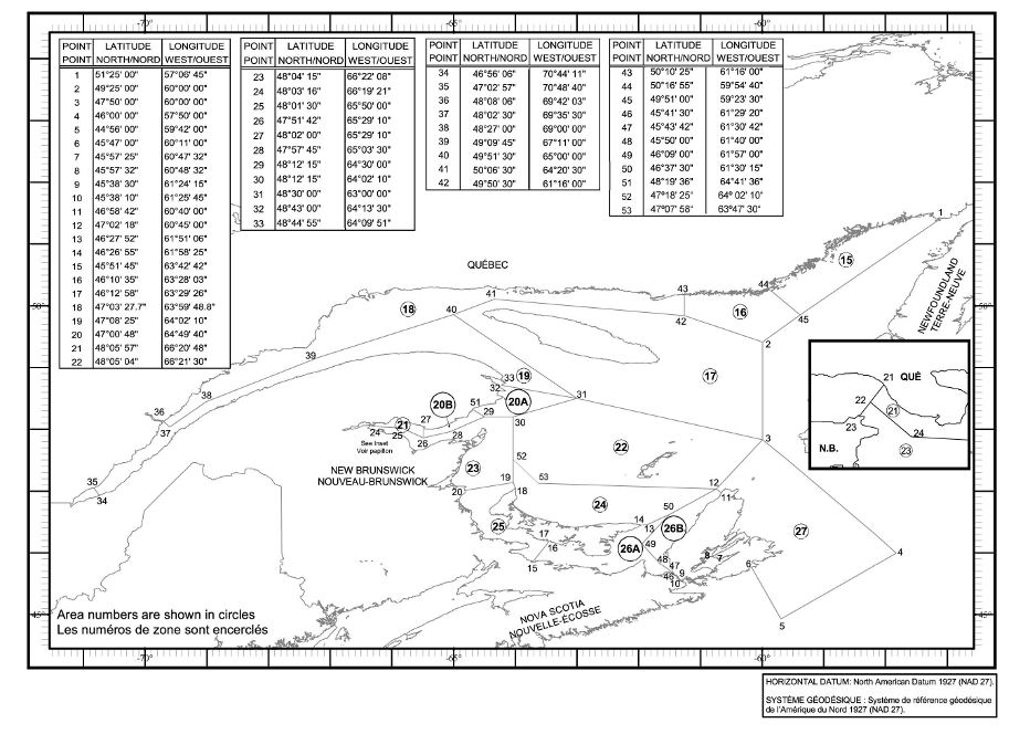 Map of Lobster Fishing Areas with latitude and longitude coordinates for fifty-three points outlining the areas