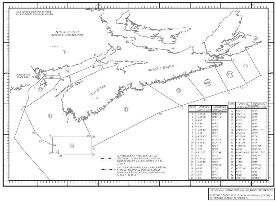 Map of Lobster Fishing Areas with latitude and longitude coordinates for forty-three points outlining the area