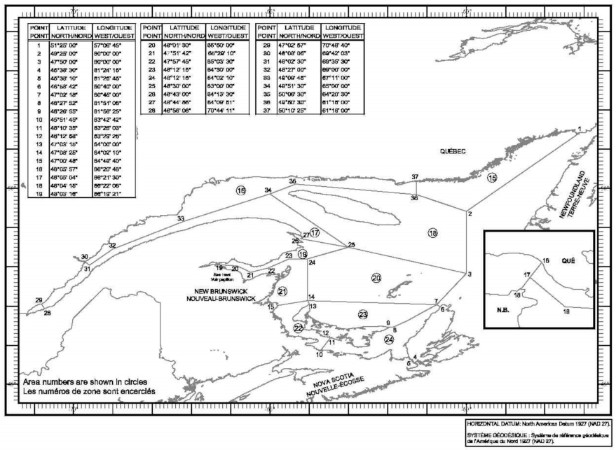Map of Scallop Fishing Areas with latitude and longitude coordinates for thirty-seven points outlining the areas